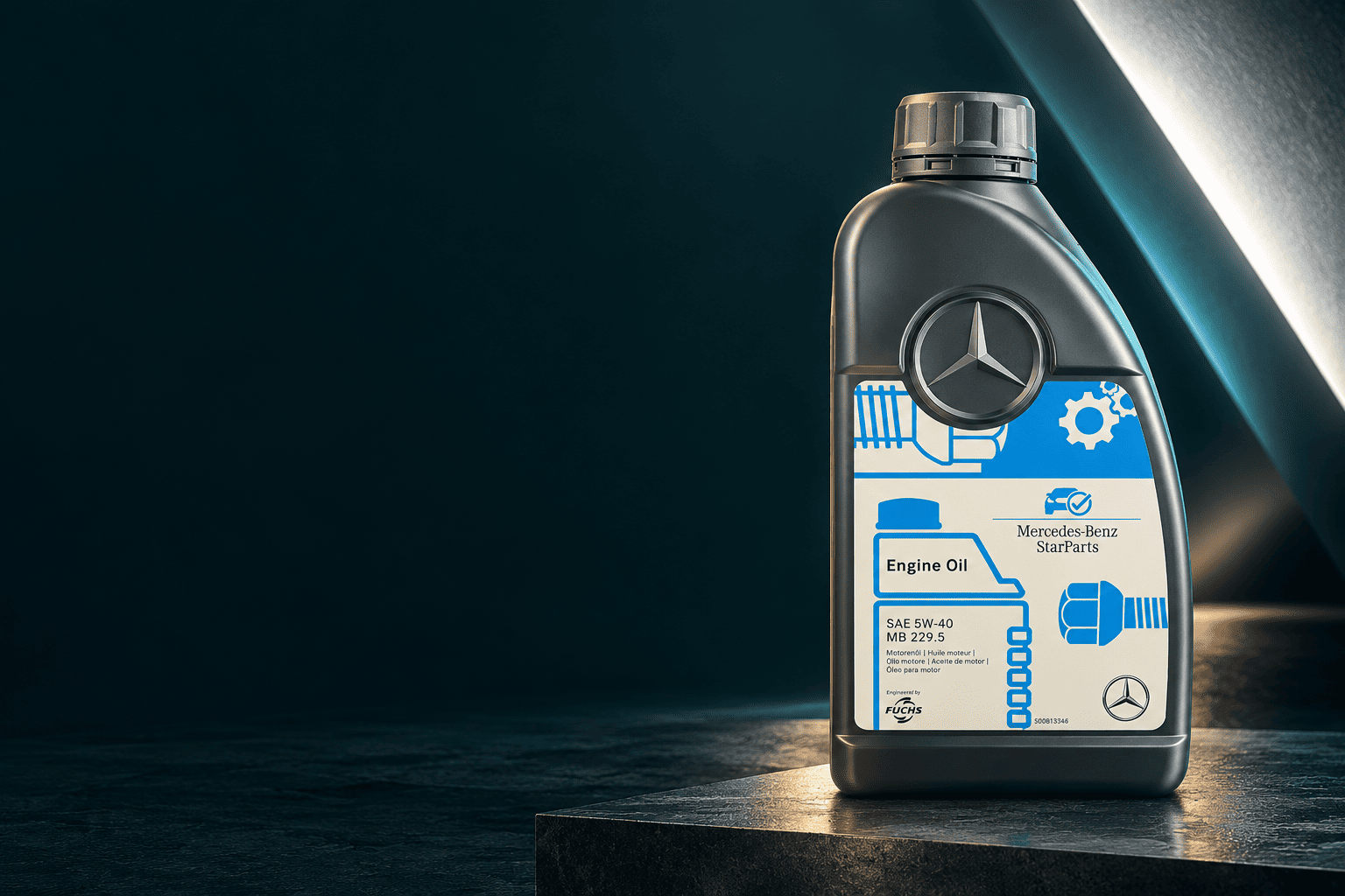 Mercedes-Benz StarParts engine oil in a cinematic studio setting